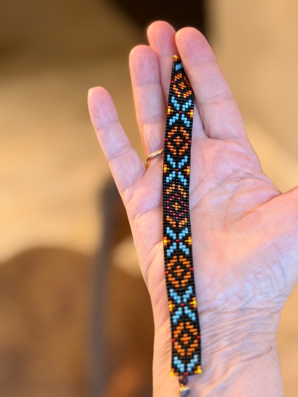 Geometric Beaded Bracelet | Turquoise Gold Garnet | Handmade Loom - Picture 6 of 7